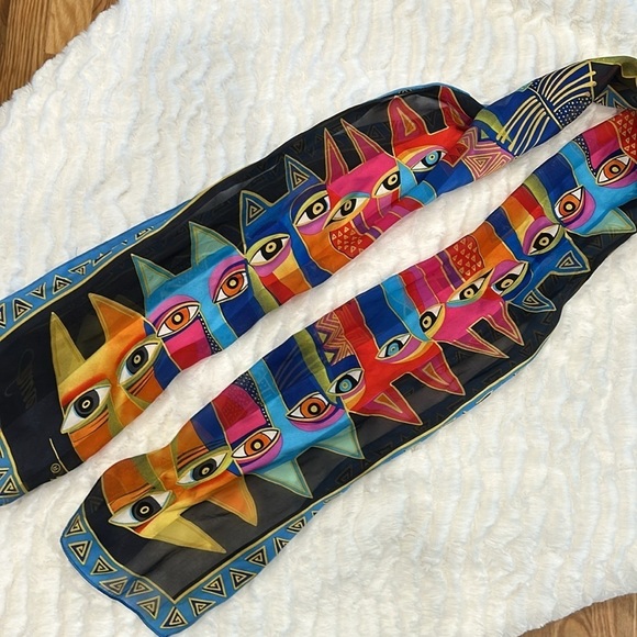 Laurel Burch Silk SCARF Oblong Tribal Cat Faces Wrap Retired multicolor - Picture 8 of 8